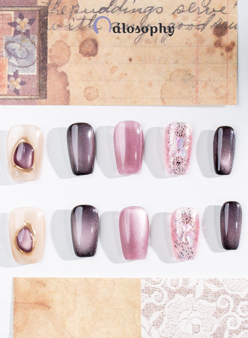 Nailosophy 10 Pcs Handmade Gel Press On Nails Short Coffin Plum Cat Eye Glitter Gemstone Accent Reusable False Nails Nail Kit for Women Wedding Party Special Occasions Eid - Image 2