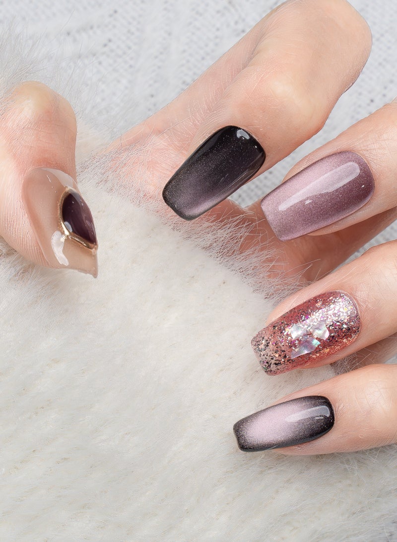Nailosophy 10 Pcs Handmade Gel Press On Nails Short Coffin Plum Cat Eye Glitter Gemstone Accent Reusable False Nails Nail Kit for Women Wedding Party Special Occasions Eid - Image 3