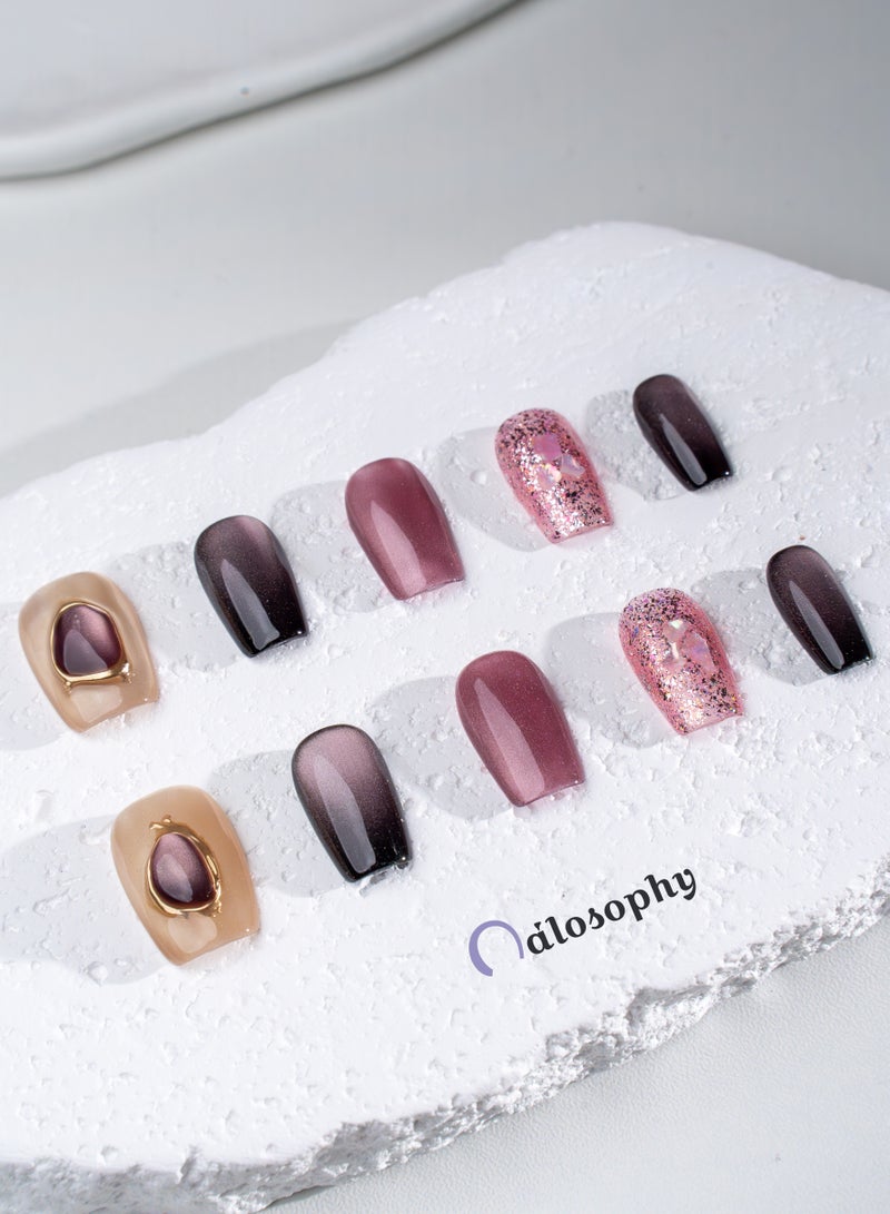 Nailosophy 10 Pcs Handmade Gel Press On Nails Short Coffin Plum Cat Eye Glitter Gemstone Accent Reusable False Nails Nail Kit for Women Wedding Party Special Occasions Eid - Image 4