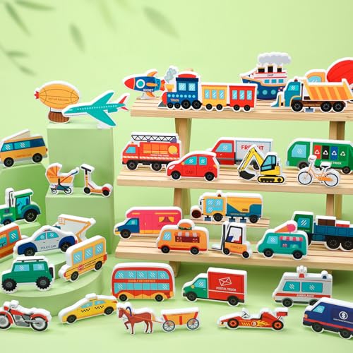 Kathfly 36 Pcs Wooden Community Helpers Community Wooden Toy Preschool Little Professionals Block Vehicles Set Multicultural Vehicles Creative Play for Social Learning Educational Model - Image 5