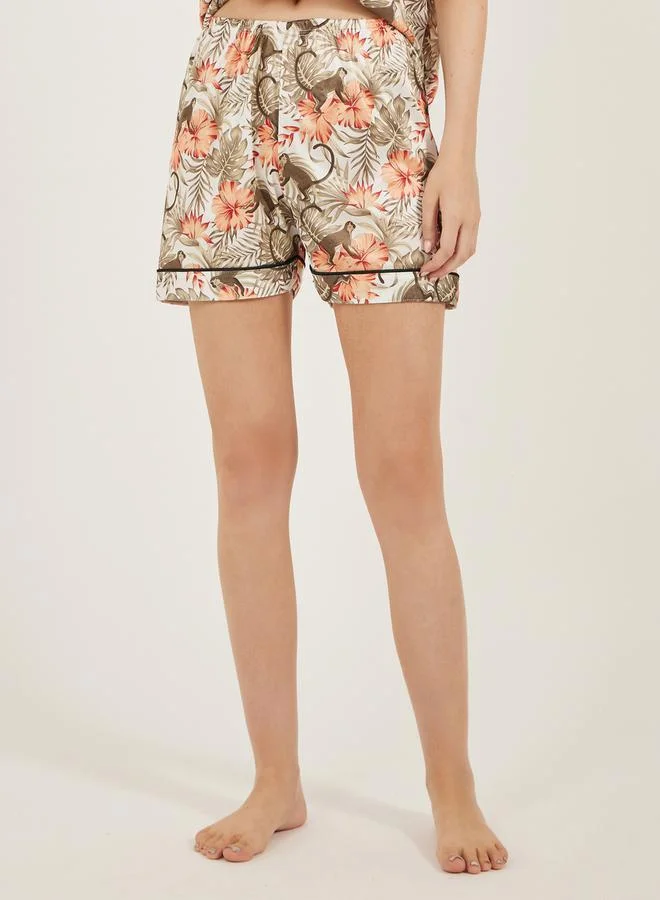 Styli Printed Satin Piped Shirt and Shorts Pyjama Set