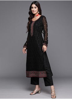 Libas Embroidered Kurta and Mid Rise Solid Trouser with Dupatta Set by Styli  - Image 3