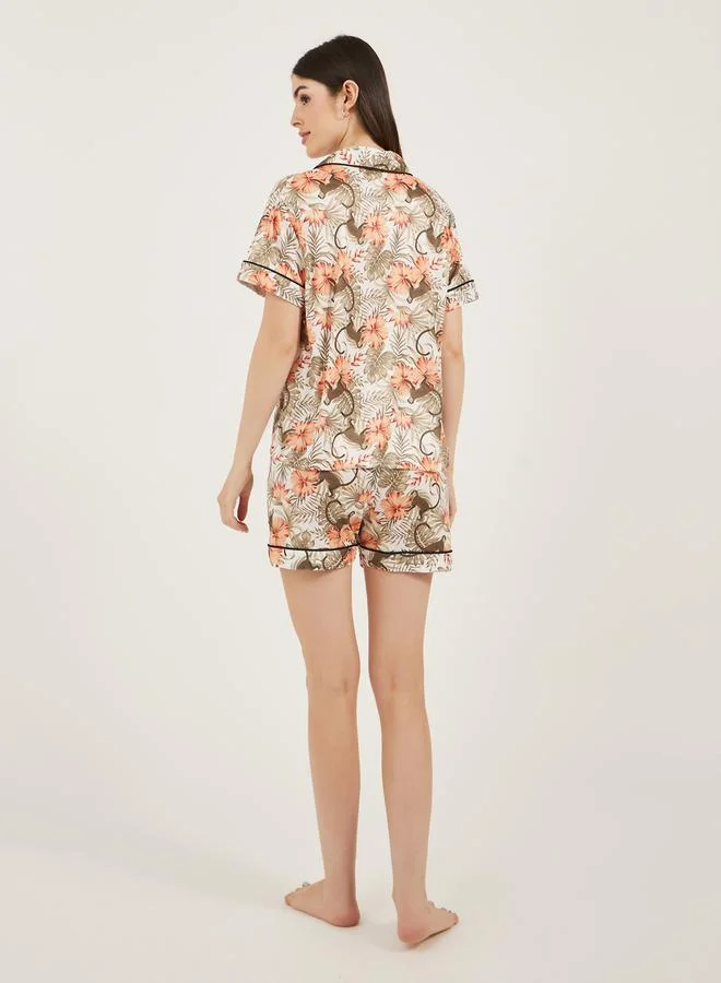 Styli Printed Satin Piped Shirt and Shorts Pyjama Set