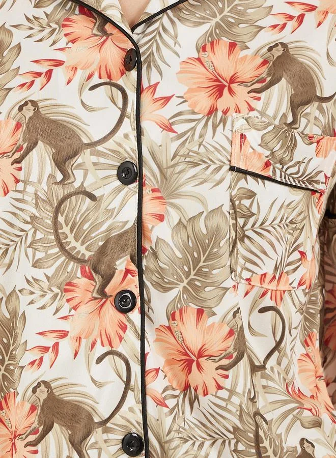 Styli Printed Satin Piped Shirt and Shorts Pyjama Set