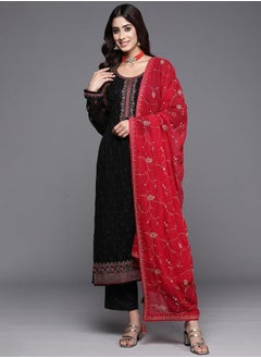 Libas Embroidered Kurta and Mid Rise Solid Trouser with Dupatta Set by Styli  - Image 2