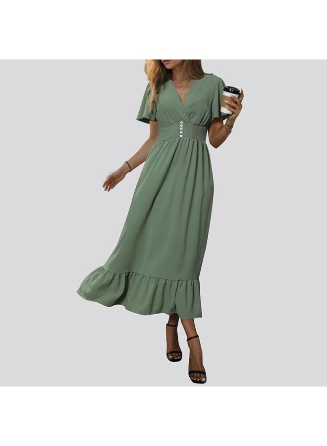 Independent Station New European And American Summer Women's Green Lotus Leaf Sleeve Dress