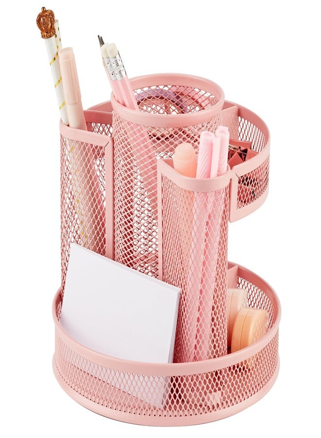 Annova Mesh Desk Organizer Rotate with 5 Compartments Round Spinning Tidy Candy/Pen Holder Desk Accessories Office, Art Supply, Storage, Classroom, Home (Light Pink) - Image 1