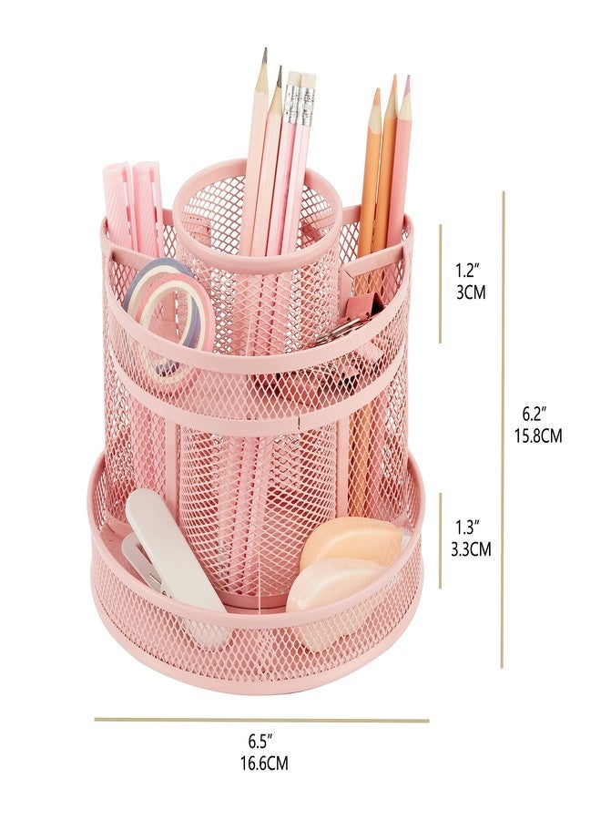 Annova Mesh Desk Organizer Rotate with 5 Compartments Round Spinning Tidy Candy/Pen Holder Desk Accessories Office, Art Supply, Storage, Classroom, Home (Light Pink) - Image 2