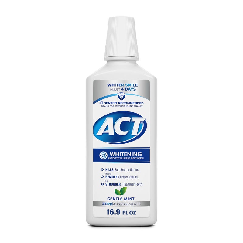 ACT Whitening + Anticavity Fluoride Mouthwash 16.9 fl. oz. With Zero Alcohol, Dye Free, Gentle Mint - Image 1