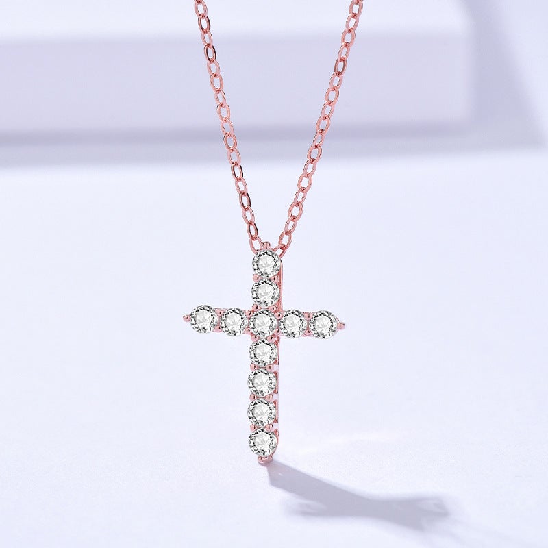 Generic Elegant Full Diamond Cross Necklace Sterling Silver Pendant Rose Gold Diamond Cross Necklace 