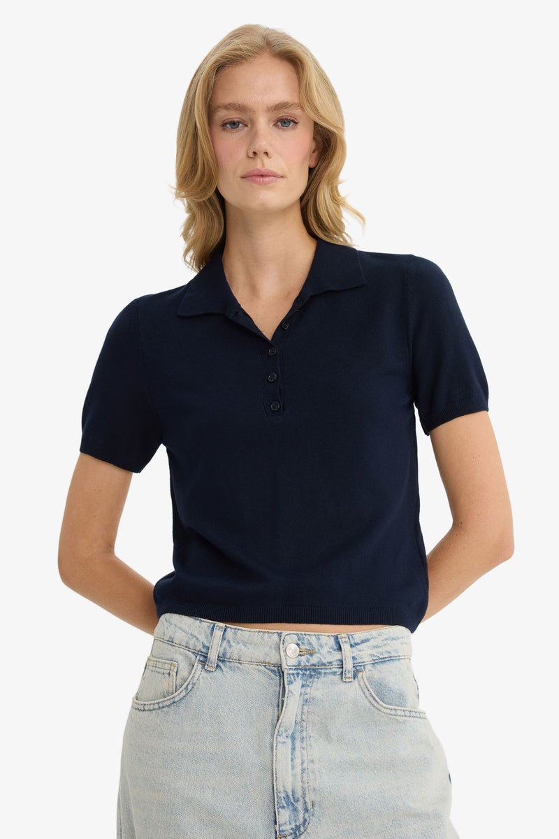 DeFacto Blue Woman Slim Fit Polo Collar Pullover Casual - Image 4