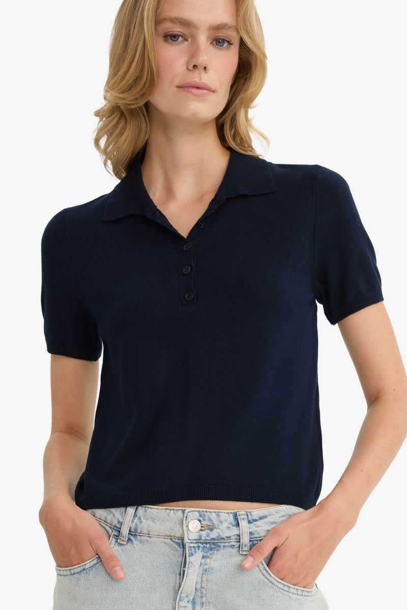 DeFacto Blue Woman Slim Fit Polo Collar Pullover Casual - Image 1