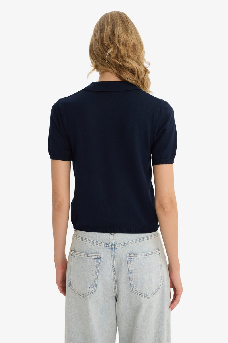 DeFacto Blue Woman Slim Fit Polo Collar Pullover Casual - Image 5