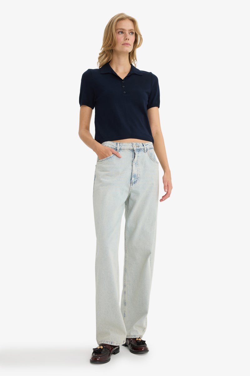 DeFacto Blue Woman Slim Fit Polo Collar Pullover Casual - Image 2