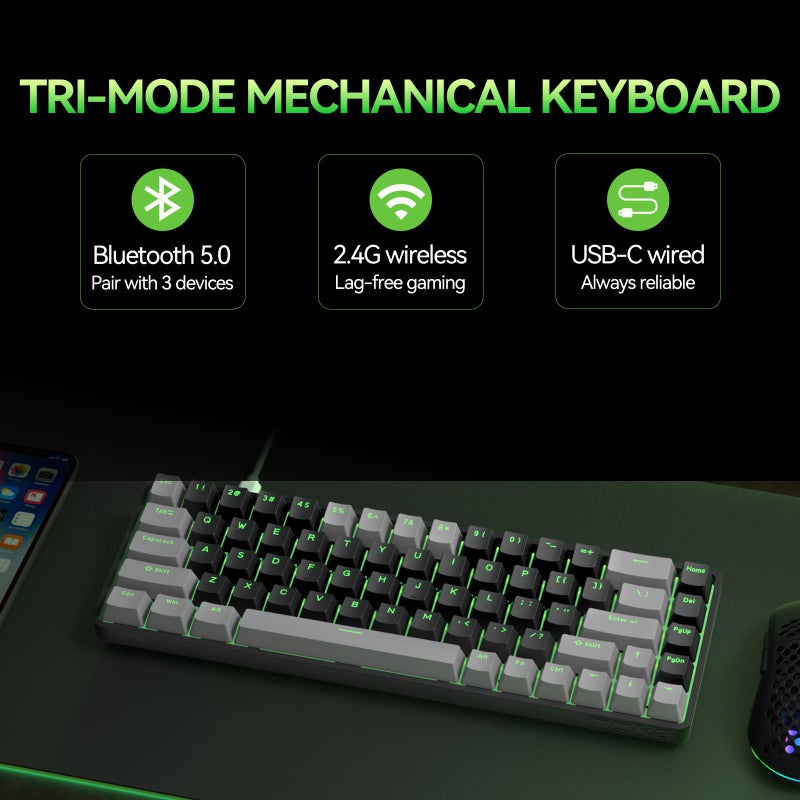 TMKB Technology Mechanical KeyBoard TMKB T68 60% Wireless Mechanical Gaming Keyboard, Tri-Mode BT5.0/2.4GHz/USB-C with Red Linear Switch, RGB Backlight, Anti-Ghosting, Compact 68 Keys, Wired/Wireless, Gray/Black - Image 2