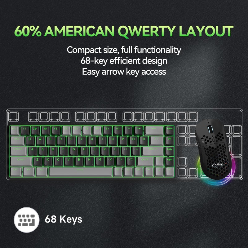 TMKB Technology Mechanical KeyBoard TMKB T68 60% Wireless Mechanical Gaming Keyboard, Tri-Mode BT5.0/2.4GHz/USB-C with Red Linear Switch, RGB Backlight, Anti-Ghosting, Compact 68 Keys, Wired/Wireless, Gray/Black - Image 5