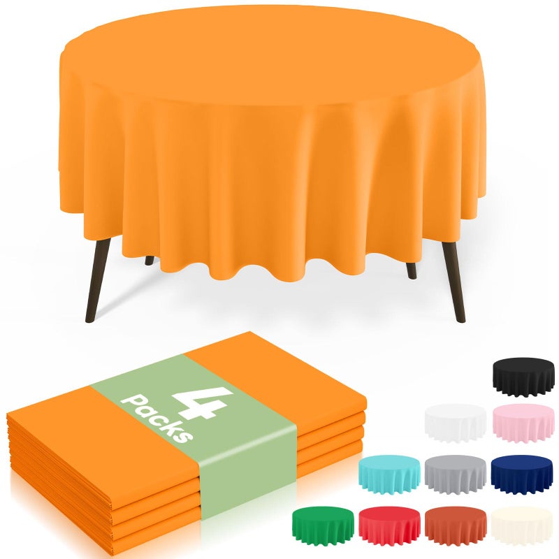 misaya 4 Packs Disposable Plastic Table Cloth 84 Round Waterproof Tablecloth Leakproof Sturdy Decorative Table Covers for Picnic Party and Outdoor Orange - Image 2