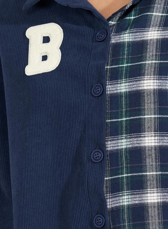 Styli Checkered Corduroy Panel Shirt with Buttons