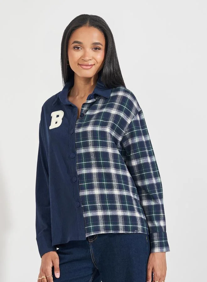 Styli Checkered Corduroy Panel Shirt with Buttons