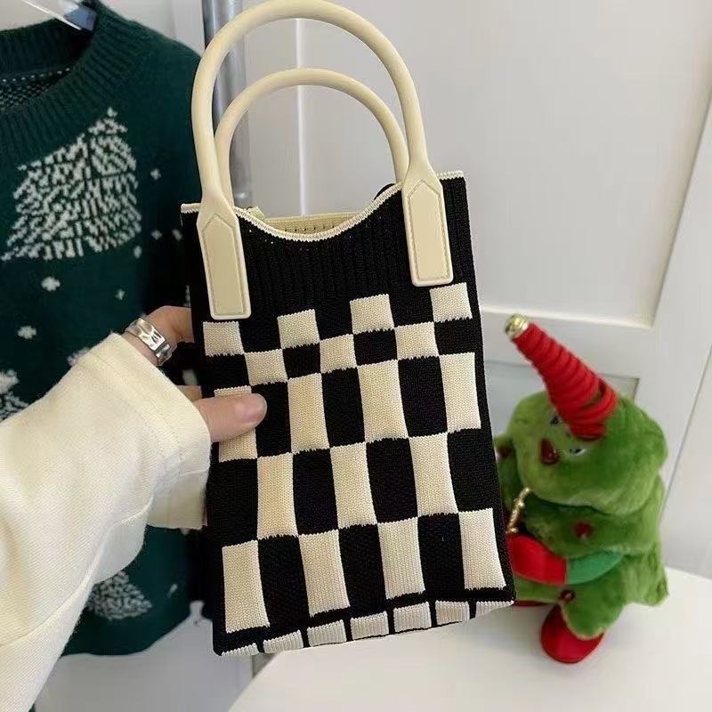 Super Cute Color Contrast Hand Bag Student Korean Mini Knitted Mobile Phone Bag Checkerboard Wave Crossbody Bag Small Bag - Image 1