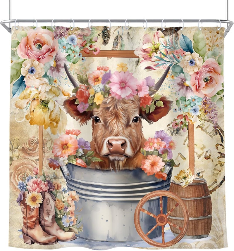 Riyidecor Highland Cow Shower Curtain 72Wx72H Inch Farmhouse Funny Bull Rustic Western Watercolor Spring Flower Cute Animal Wooden Floral Plant Kids Bathroom Decor Set Fabric 12 Pack Plastic Hooks - Image 3