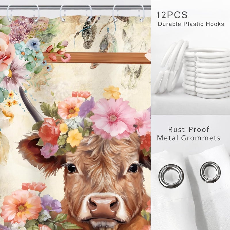 Riyidecor Highland Cow Shower Curtain 72Wx72H Inch Farmhouse Funny Bull Rustic Western Watercolor Spring Flower Cute Animal Wooden Floral Plant Kids Bathroom Decor Set Fabric 12 Pack Plastic Hooks - Image 4