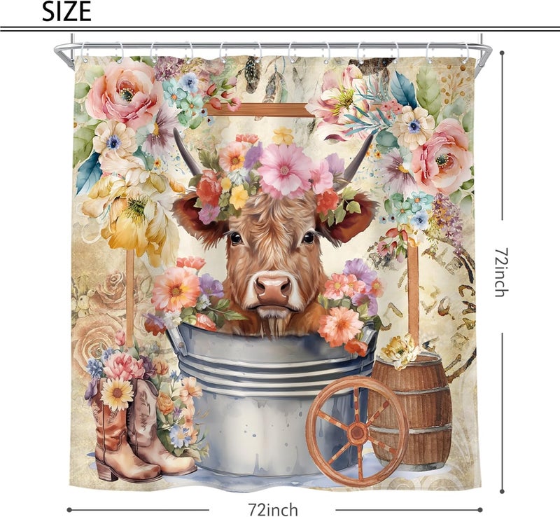 Riyidecor Highland Cow Shower Curtain 72Wx72H Inch Farmhouse Funny Bull Rustic Western Watercolor Spring Flower Cute Animal Wooden Floral Plant Kids Bathroom Decor Set Fabric 12 Pack Plastic Hooks - Image 5