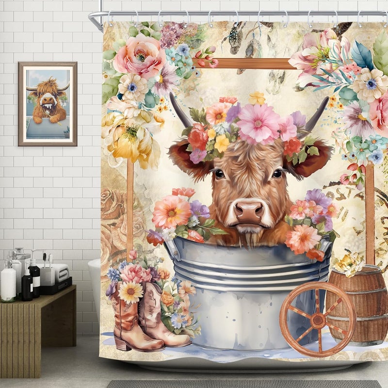 Riyidecor Highland Cow Shower Curtain 72Wx72H Inch Farmhouse Funny Bull Rustic Western Watercolor Spring Flower Cute Animal Wooden Floral Plant Kids Bathroom Decor Set Fabric 12 Pack Plastic Hooks - Image 2