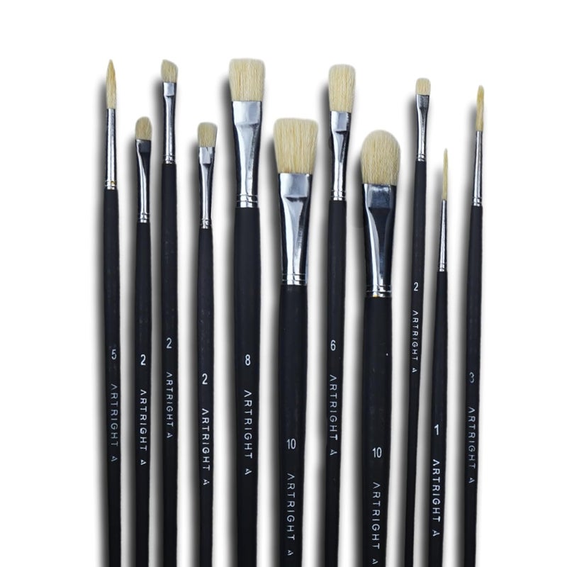 ArtRight Flat Hog Hair Mix Paintbrush Set 11pcs, Professional Long Handle Brushes for Oil, Watercolour, Acrylic, Natural Hair Brush, Wooden Handle, Synthetic Bristle, Ideal for Mixed Media Painting - Image 1