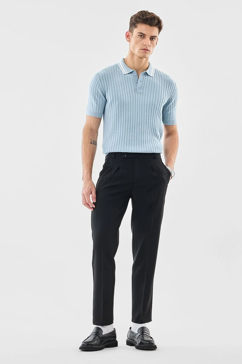 SNITCH Light Blue Ribbed Half Sleeve Slim Fit T-Shirt