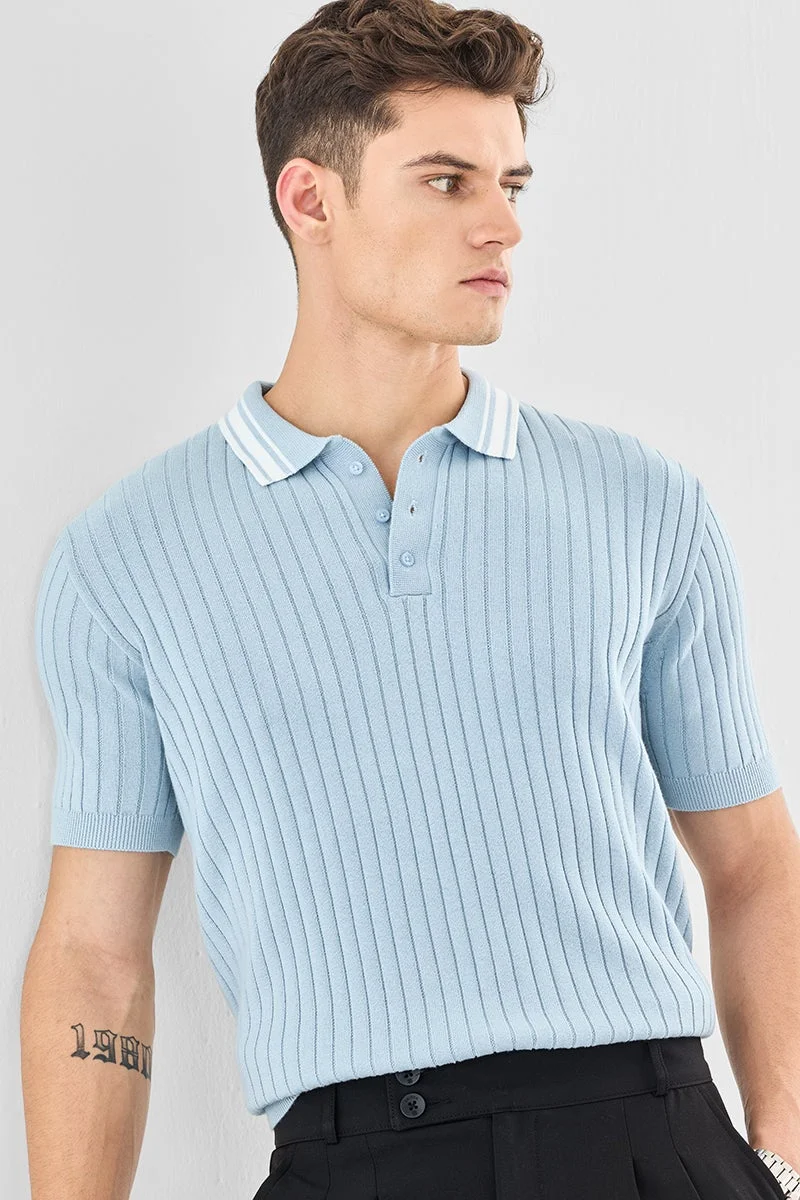 SNITCH Light Blue Ribbed Half Sleeve Slim Fit T-Shirt