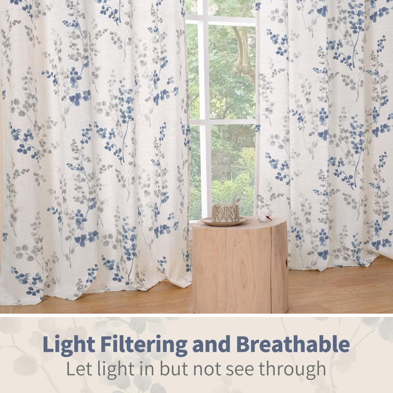 BGment Linen Curtains for Bedroom 63 Inch Length 2 Panels Set Floral Leaf Patterns, Light Filtering Window Privacy Curtains for Living Room Boho Farmhouse Vintage, Each 52 Inch Wide, Navy - Image 5
