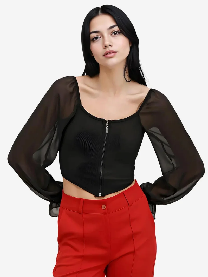 BIG DART BDART Ribbed Zipper Crop Blouse with Square Collar