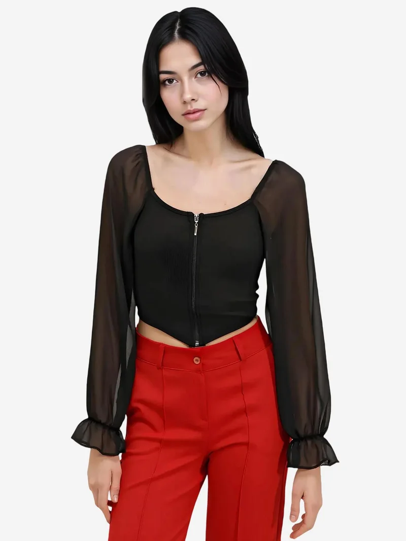 BIG DART BDART Ribbed Zipper Crop Blouse with Square Collar
