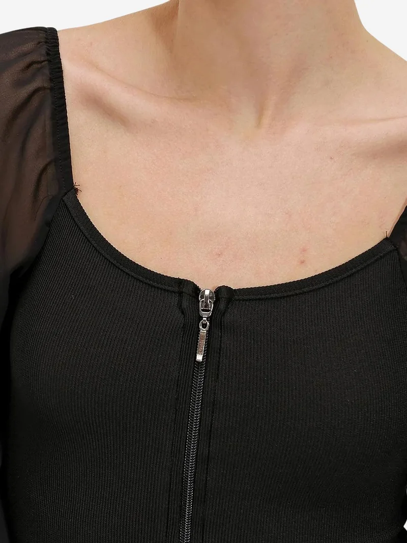 Big Dart Black BDART Ribbed Zipper Crop Blouse with Square Collar for Women | Best Price UAE