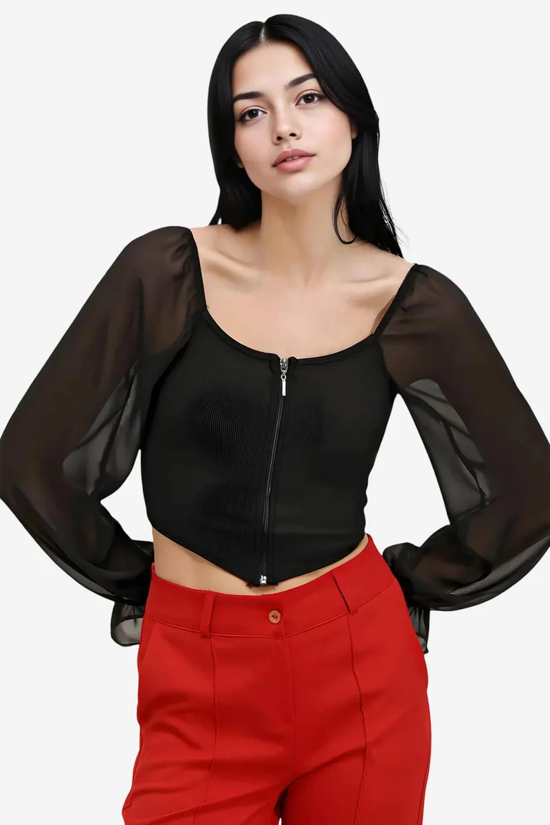 Big Dart BDART Ribbed Zipper Crop Blouse with Square Collar