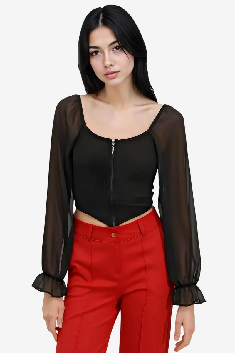 Big Dart BDART Ribbed Zipper Crop Blouse with Square Collar