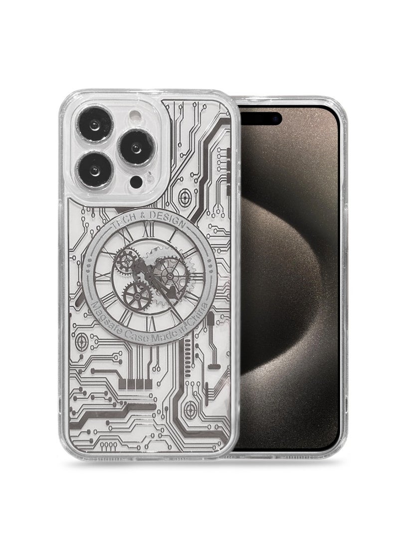 Techie - Frosted Mechanical Gear Watch Pattern Case Designed for Apple iPhone 15 Pro Compatible with Magsafe – White - Image 1