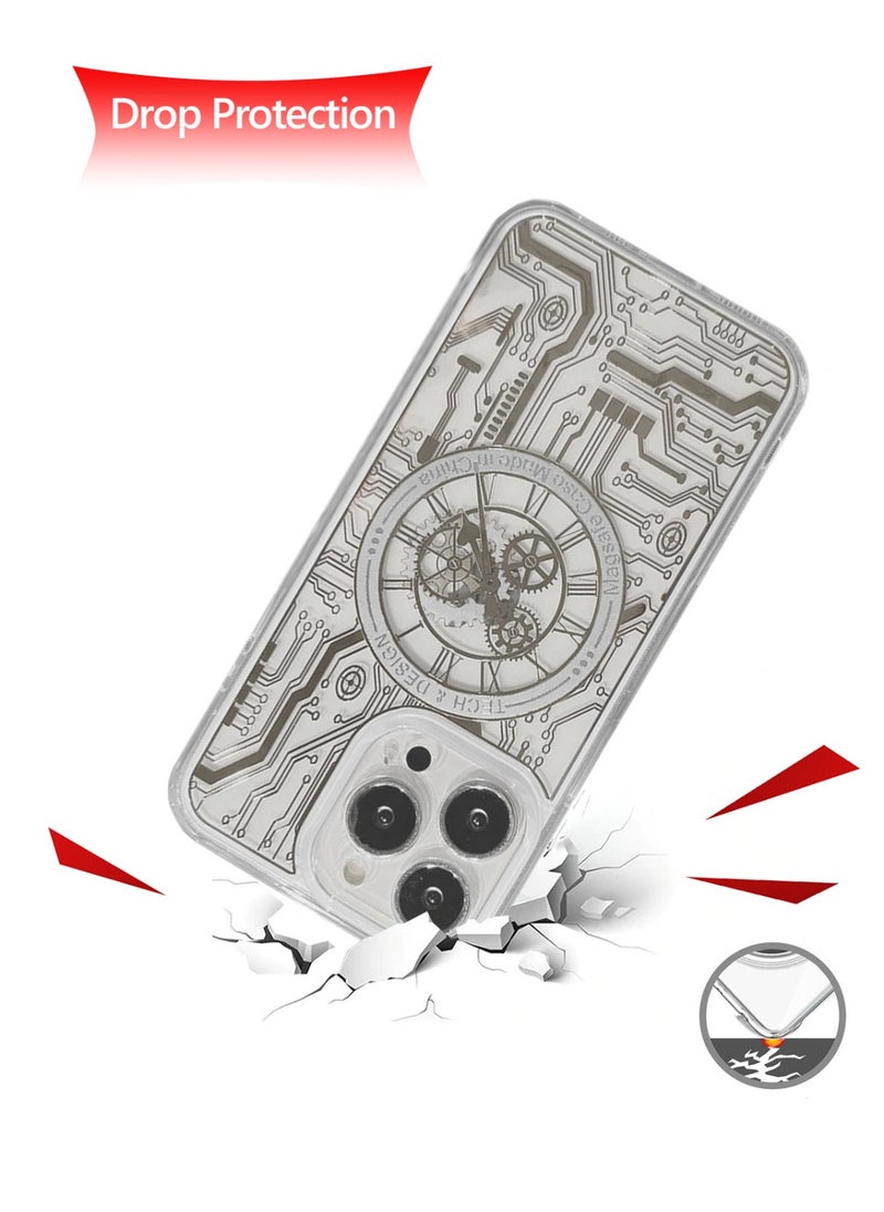 Techie - Frosted Mechanical Gear Watch Pattern Case Designed for Apple iPhone 15 Pro Compatible with Magsafe – White - Image 1