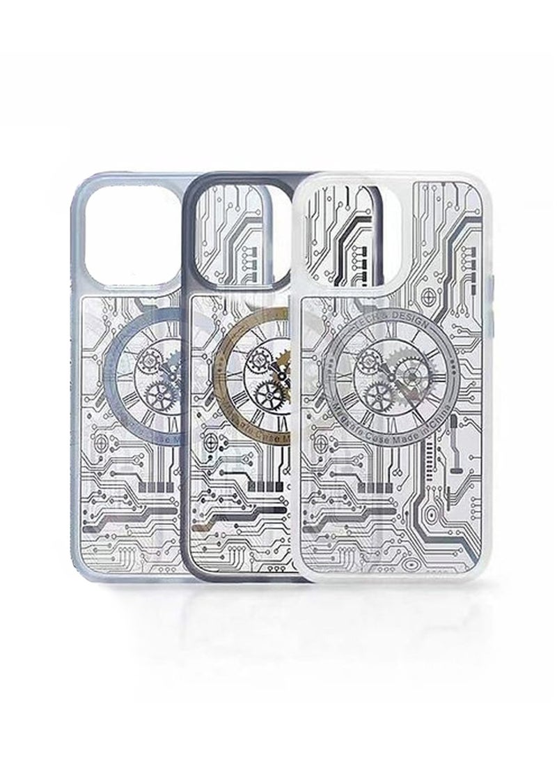 Techie - Frosted Mechanical Gear Watch Pattern Case Designed for Apple iPhone 15 Pro Compatible with Magsafe – White - Image 1