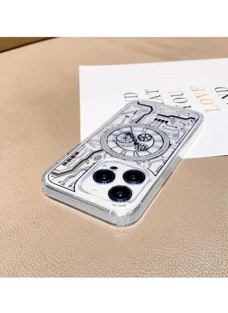 Techie - Frosted Mechanical Gear Watch Pattern Case Designed for Apple iPhone 15 Pro Compatible with Magsafe – White - Image 1