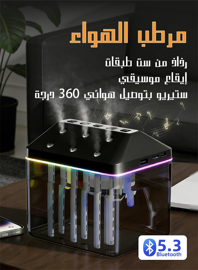 يهييو مرطب هواء, مرطب هواء شخصي 0.9 لتر مع نافورة موسيقية وضوء LED - مرطب هواء بضباب بارد قابلة للشحن - مرطب هواء عطري ذكي بستة مستويات للرش (أسود) - Image 1