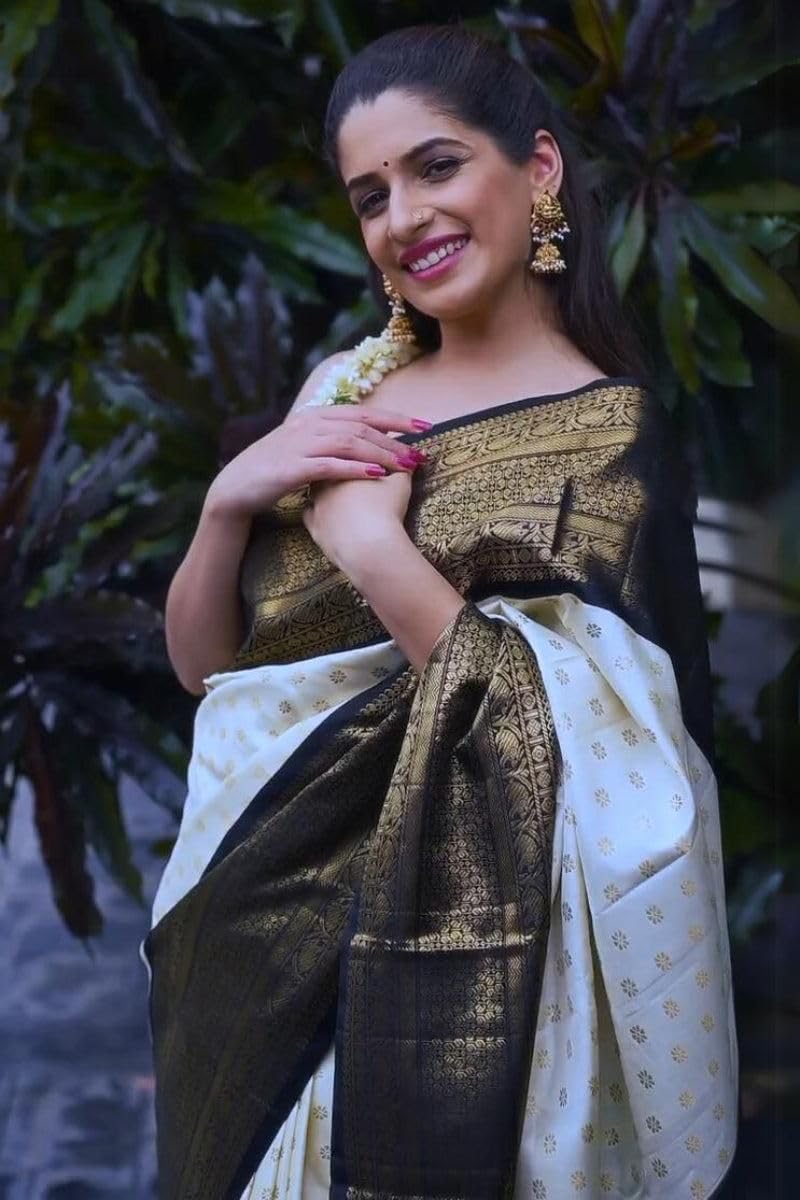 Vivatra Women Banarasi Soft Silk Saree | Jacquard Weaving with Rich Pallu & Border | Includ Matching Utitched Blouse Piece (VT-KP-6019-Off White) - Image 3