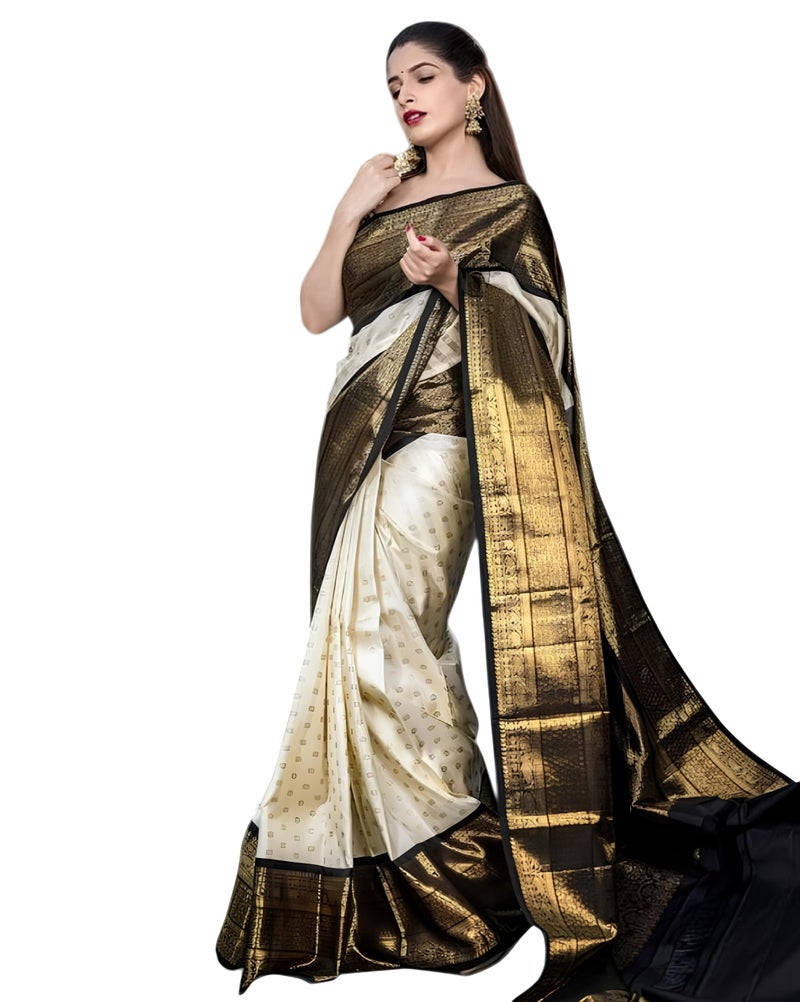 Vivatra Women Banarasi Soft Silk Saree | Jacquard Weaving with Rich Pallu & Border | Includ Matching Utitched Blouse Piece (VT-KP-6019-Off White) - Image 1