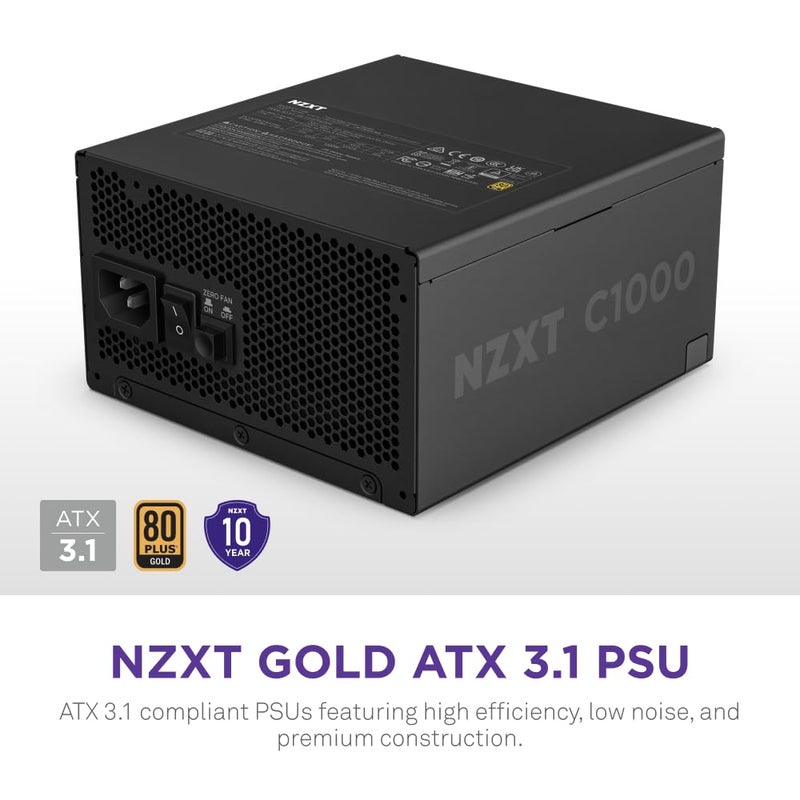 NZXT C1000 Gold ATX 3.1 - Fully Modular Low-Noise PC Gaming Power Supply - 1000 Watts - 80 Plus Gold - 12V-2x6 Connector - Zero Fan Mode - 100% Japanese Capacitors - Black - Image 2