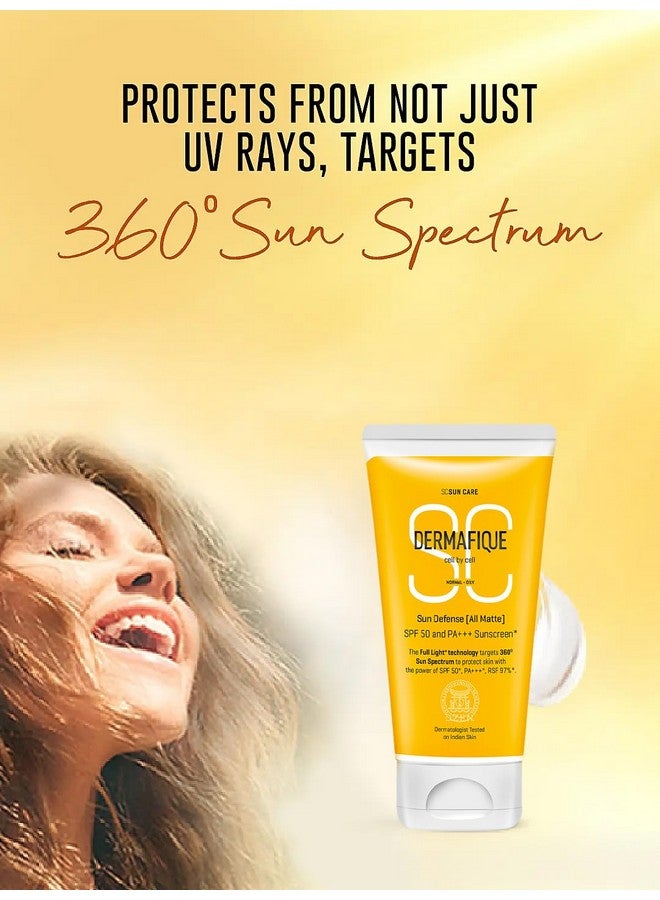 Dermafique Sun Defense All Matte, Spf 50, Pa +++ Sunscreen 150G, For Normal - Oily Skin, 360 Degree Sun Spectrum Protection, Prevents Tanning & Photaging, Protects From Uva,Uvb,Ir & Visible Light, Dermatologist Tested On Indian Skin, For Men & Women - Image 1