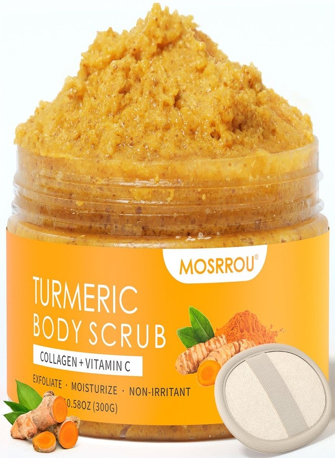 MOSRROU Turmeric Body Scrub Vitamin C Exfoliating Body Scrub With Collagen And Coconut Oil Body Exfoliator Dead Skin Remover Smooth And Hydrated Natural Scrub For Butt Bikini Area With Loofah - Image 1