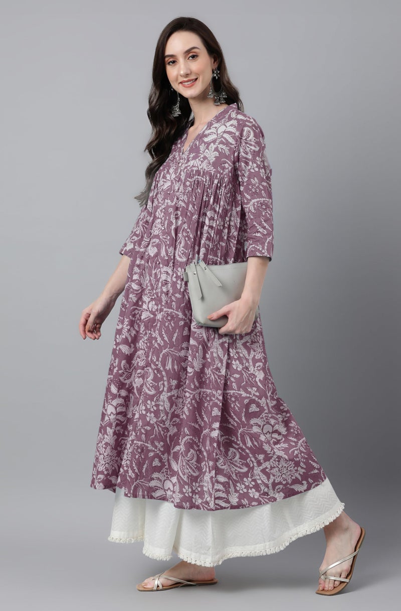 Janasya Women's Purple Pure Cotton Floral Printed Flared Kurta (JAC24KR01389-M) - Image 5