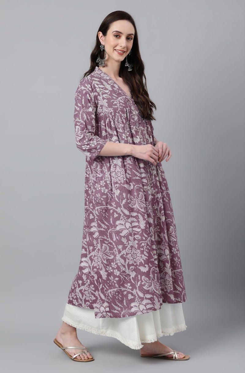Janasya Women's Purple Pure Cotton Floral Printed Flared Kurta (JAC24KR01389-M) - Image 4