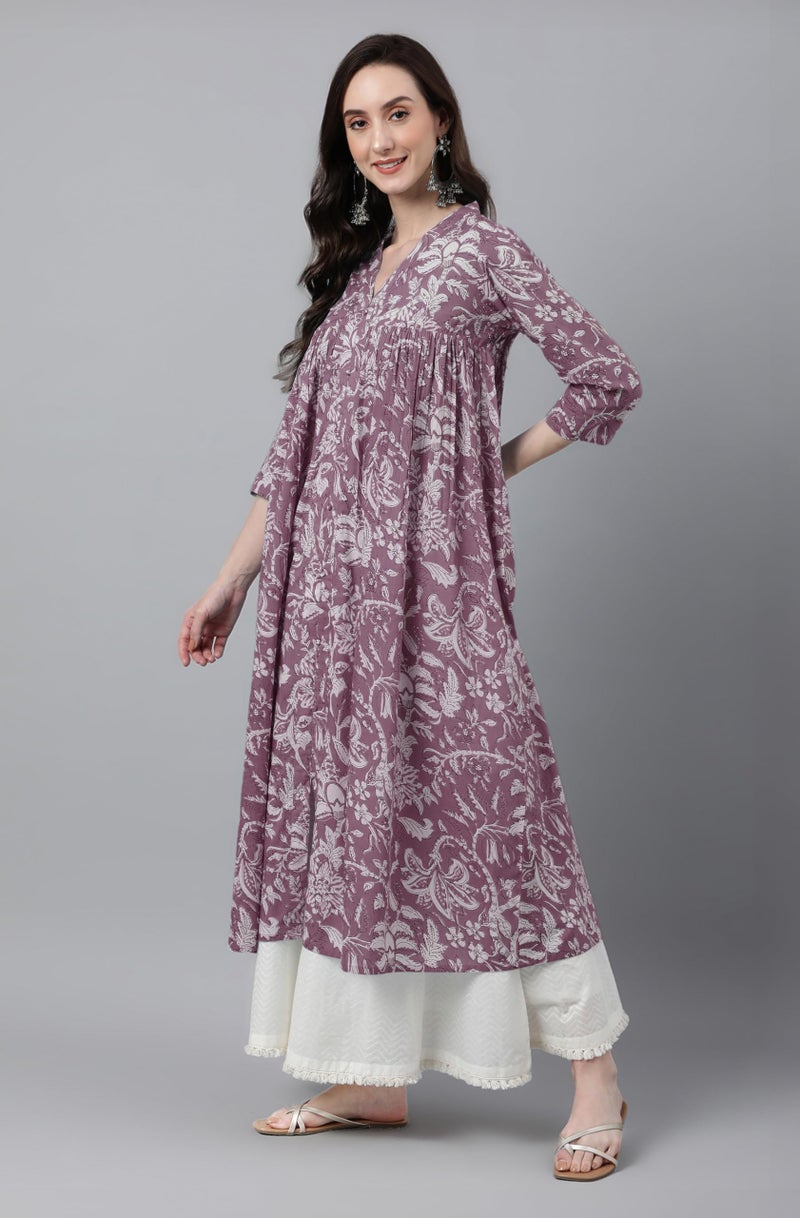 Janasya Women's Purple Pure Cotton Floral Printed Flared Kurta (JAC24KR01389-M) - Image 3
